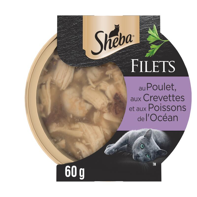 Pâtée pour chat adulte filets au poulet aux crevettes et aux poissons SHEBA la b